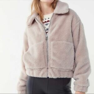 UO Teddy Sherpa Fleece Zip-Up Jacket - Taupe - S